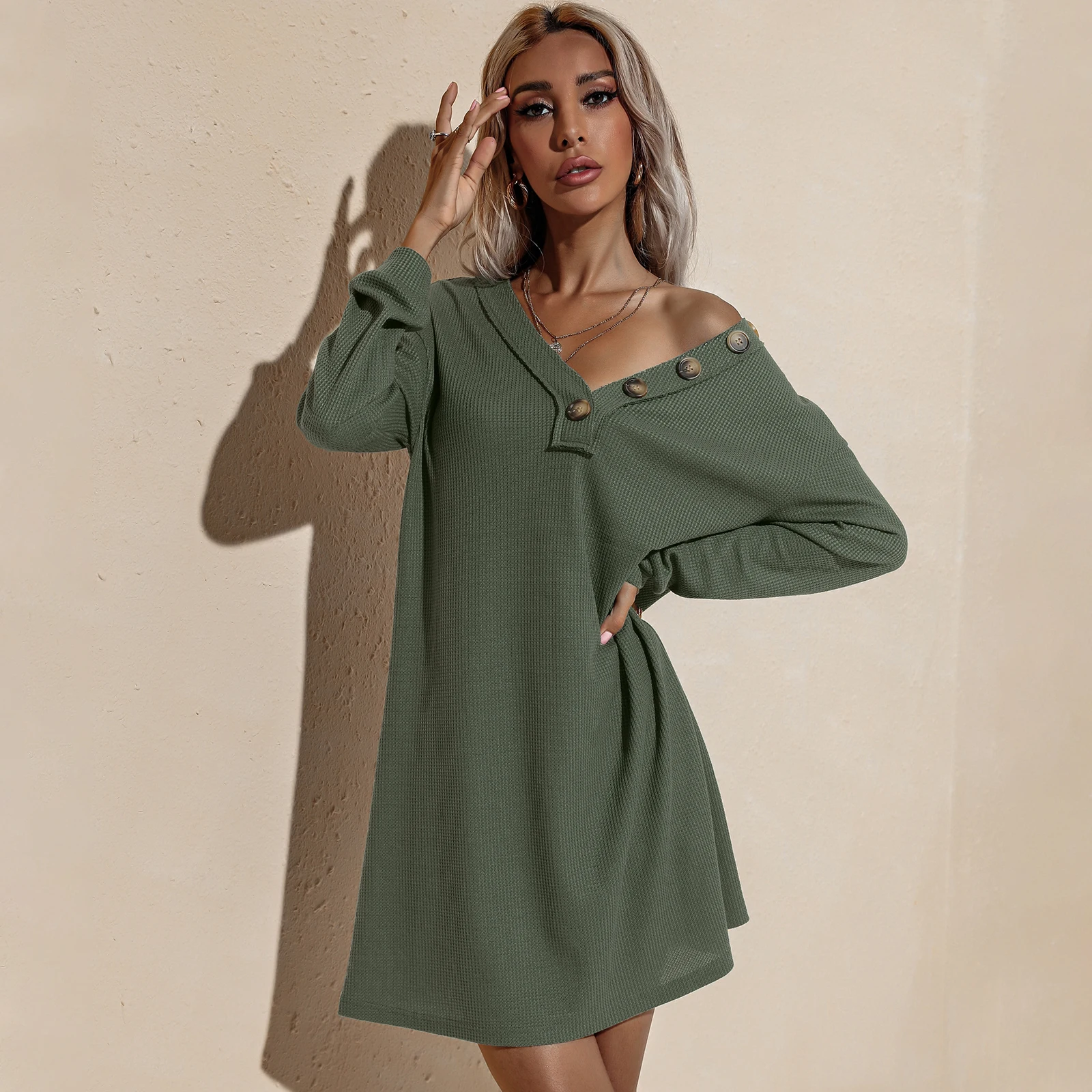 

Women Vintage Front Button A-line Party Dress Long Sleeve Sexy Deep V neck Solid Elegant Casual Mini Dress 2021 Winter New Dress