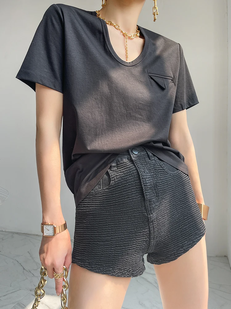 

Mulberry silk U-neck short-sleeved T-shirt women's 2021 summer new style with wild mercerized cotton bottoming shirt