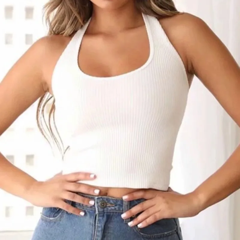 

Women Ribbed Crop Top With HalterTank Top Women Summer Vintage Sleeveless Camis 90s Cool Girls Streetwear Green Soft Tees