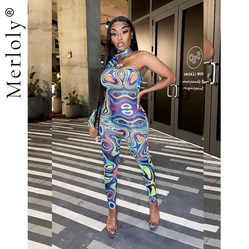 

Women One Shoulder Printed Jumpsuit Sexy Cut Out Bodycon Rompers 2021 Summer One Piece Playsuit Party Fairy Grunge Outfits