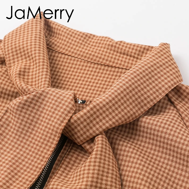 JaMerry винтажный галстук бабочка в клетку Женская куртка пальто с длинным рукавом