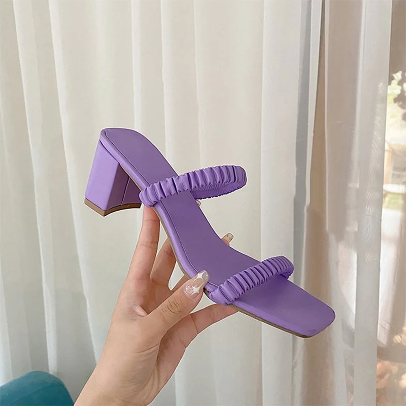 

Women Slippers Shoes Square Toe Mid Heels Fashion Ladies Sandals Casual PU Shallow Female Outdoor Summer Solid Slip On 2021 New