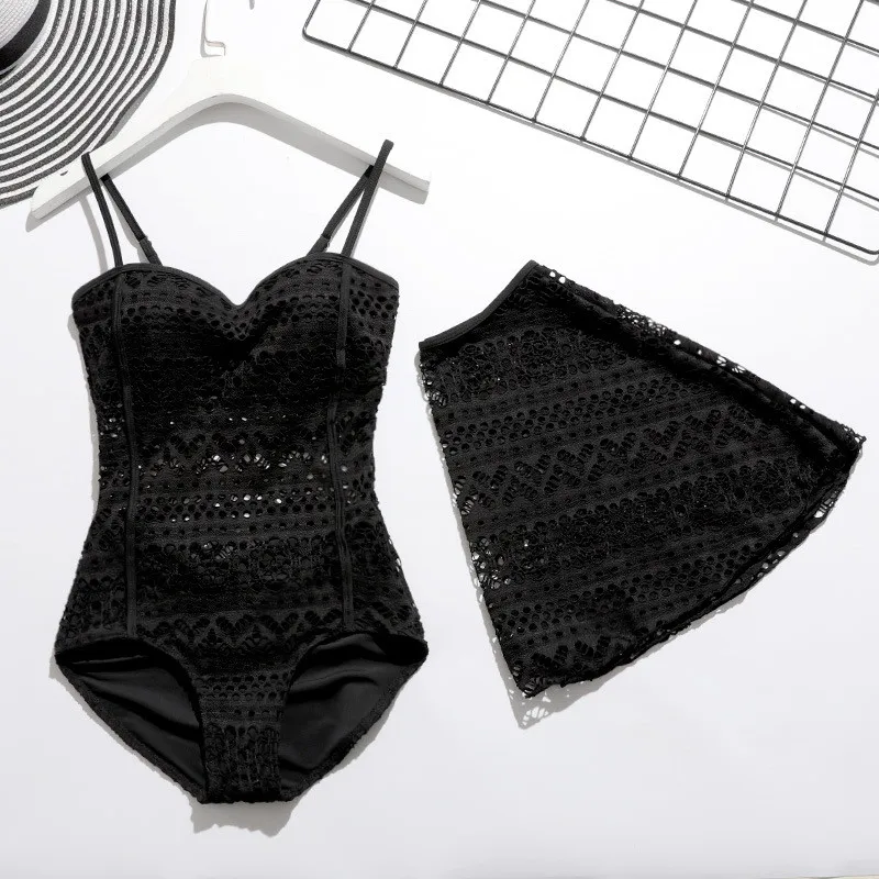 

Lace Hollow Skirt Bikini Swimsuit Feminine Self-cultivation Gathered Swimming Suit Two Piece Set for Women Sweet Korean Swimwear