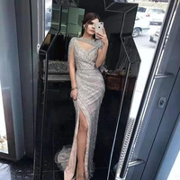 2022 luxury rhinestones long mermaid evening dresses sexy high slit nude tulle beaded backless formal gowns yqlnne