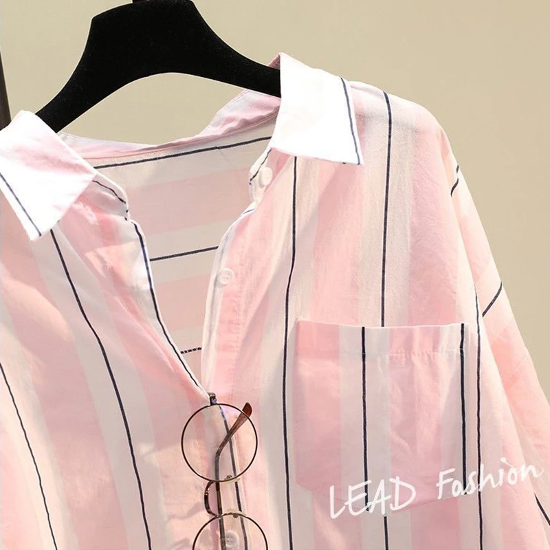 

Vintage New Loose Big Size Striped Women Shirts Long Sleeve Office Lady Casual Tops Turn-Down Collar Button Chic Female Blouses