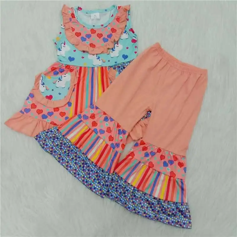 

2021 unicorn print two pockets tunic match patchwork capris childrens clothing kids clothing girls