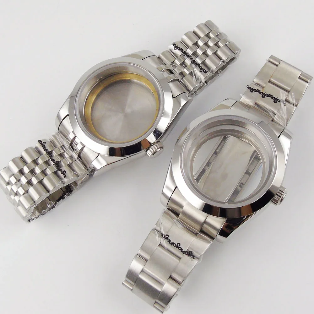 Stainless Steel Black Mechanical Men Watch Case Bracelet for NH35 NH36 Flat Saphire Glass Seeing Back Screw