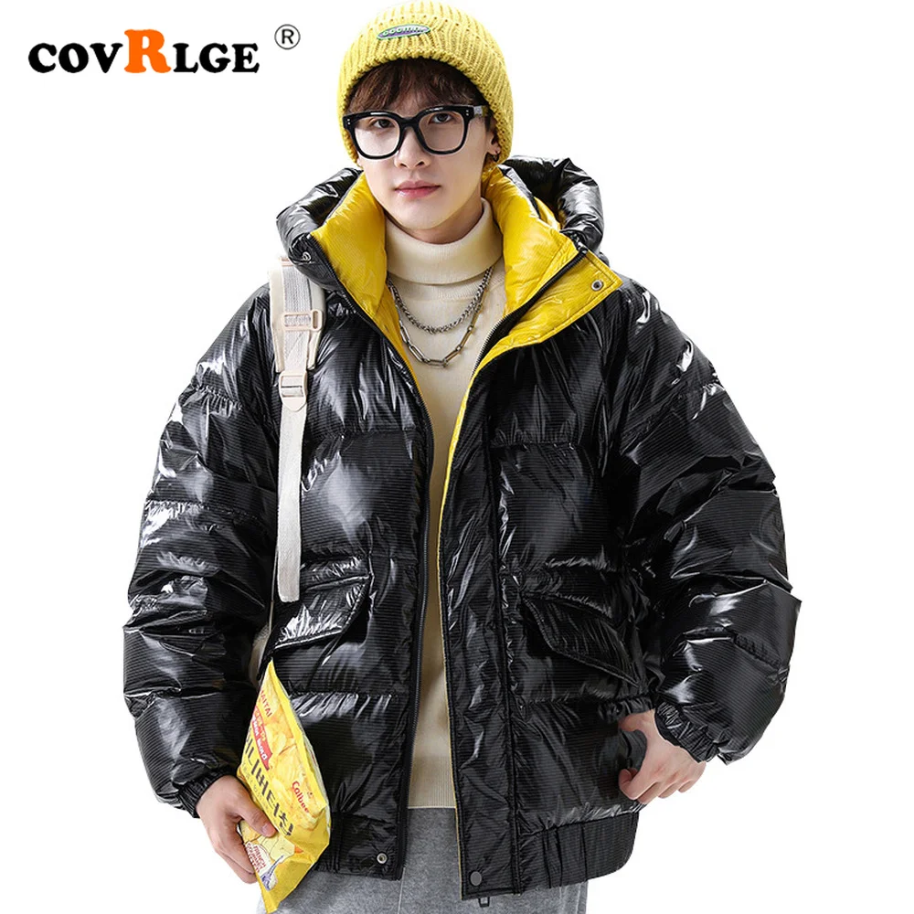 Covrlge Men Brand Winter Hooded Thick Warm Duck Down Jacket Solid Color Trend Loose Shiny Warm Coat Couples Streetwear MWY041