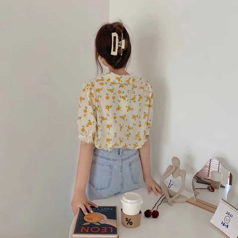 

ZAWAHIKI Floral Sweet Blouses Women Tops Short Sleeve 2021 Summer Blusas Korean Retro Single Breasted Elegant Ropa Mujer