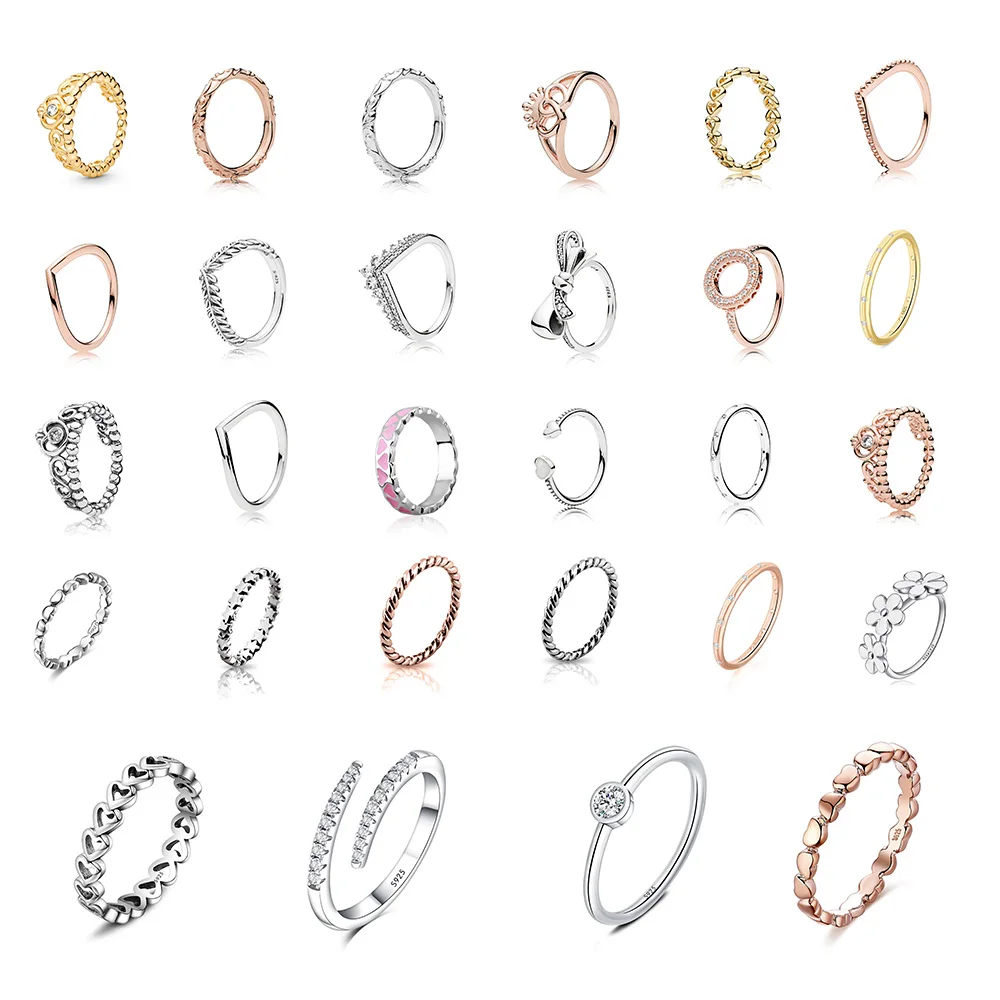 

Women Finger Ring Silver Color Rose Gold Crown Heart Classic Pattern flower Clear Cz Round Ring For Women Party Jewelry