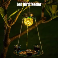 newest solar powered birds feeder outdoor hanging waterproof birds food tray garden metal flower decorative led lighting