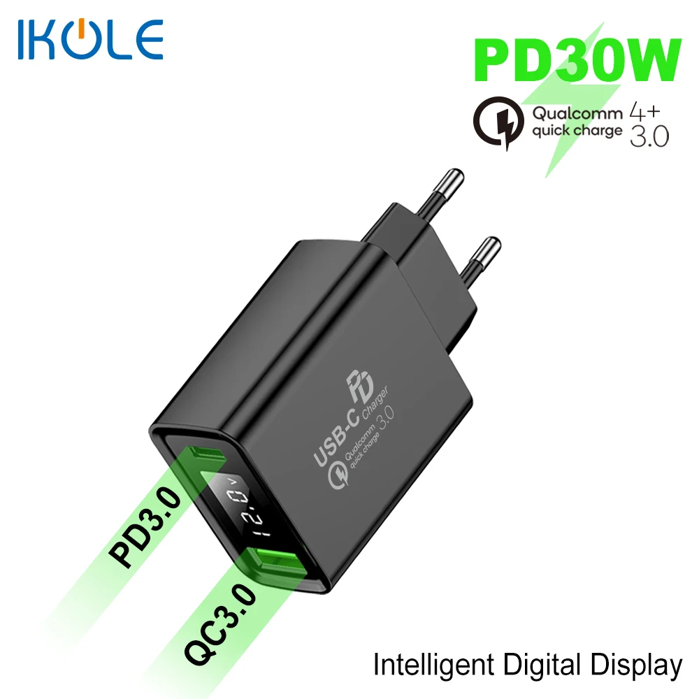 IKOLE PD зарядное устройство PD30W Быстрая зарядка QC4 + QC4.0 QC3.0 суперзарядка для Huawei Samsung