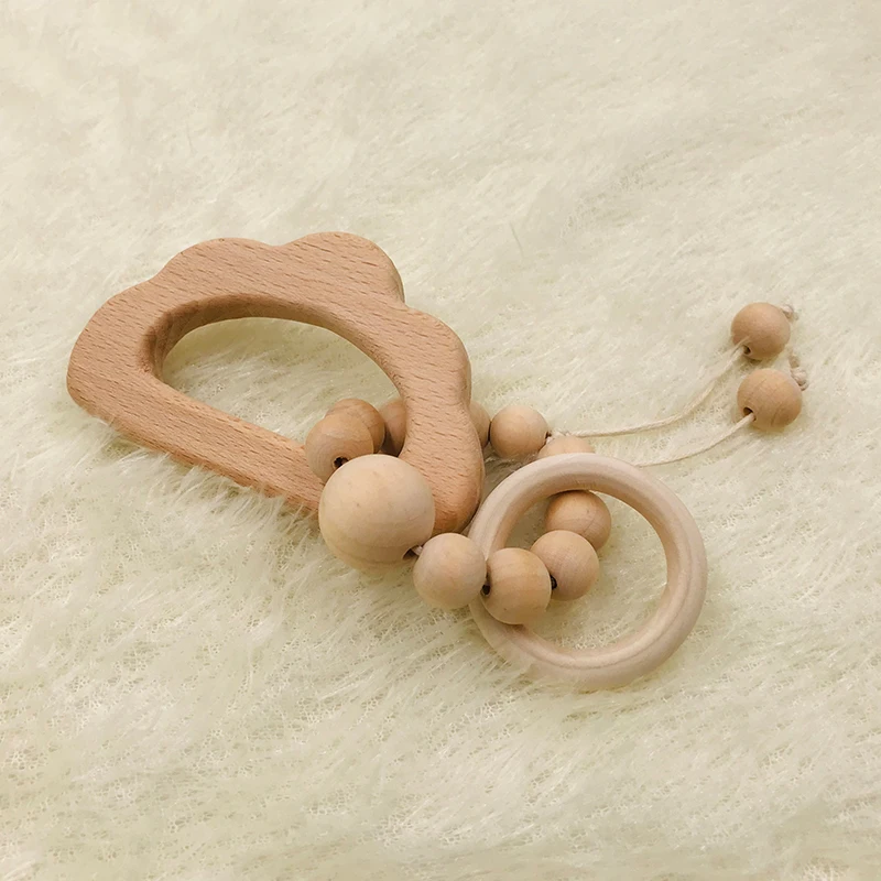 Pulsera mordedor para beb&eacute;, dentici&oacute;n Natural de Animal de juguete de madera de haya, cuentas de silicona, mordedor para beb&eacute; reci&eacute;n nacido, regalo DIY para beb&eacute;-4