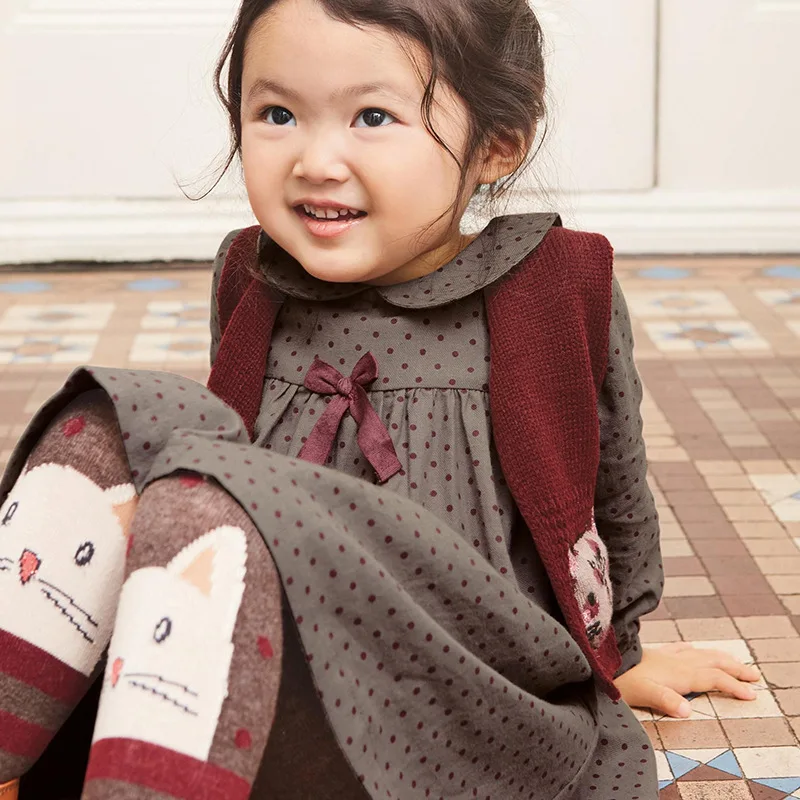 Little Maven Spring Autumn New Full-Sleeved Brown Dots Printed Turndown Collar Bowknot Knitted Cotton Girls Casual Dresses | Детская