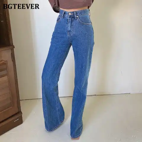 BGTEEVER Casual Loose Straight Women Jeans Pants High Waist Pockets Female Floor-length Wide Leg Denim Trousers 2021 Autumn
