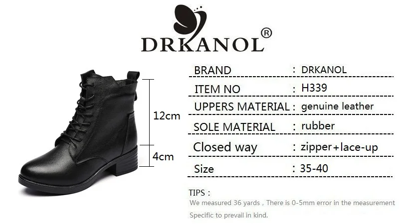 DRKANOL/новые женские ботинки г. Осенне-зимние ботильоны для женщин из натуральной кожи на толстом каблуке Теплые Короткие Плюшевые Ботинки martin H339