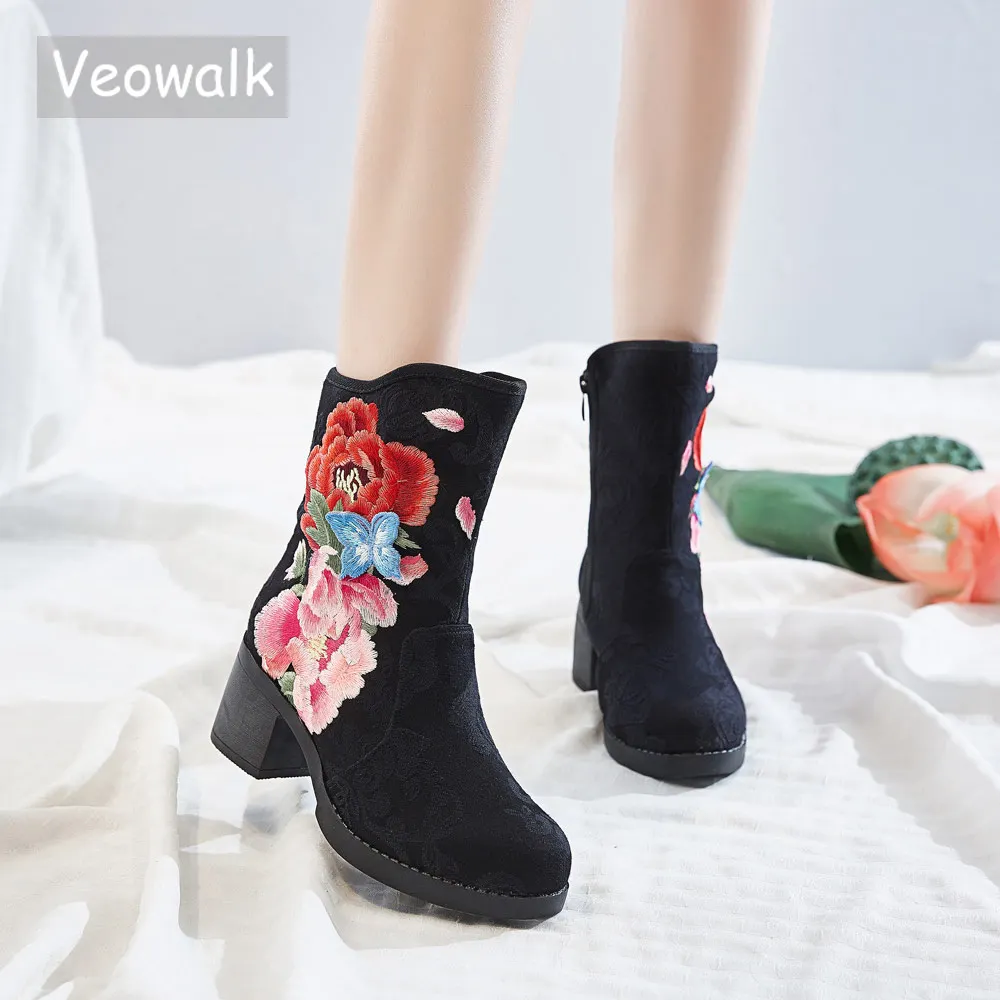 Veowalk; Женские Жаккардовые полуботинки из хлопчатобумажной ткани с цветочной вышивкой; сезон осень; удобная повседневная обувь в стиле ретро на массивном каблуке