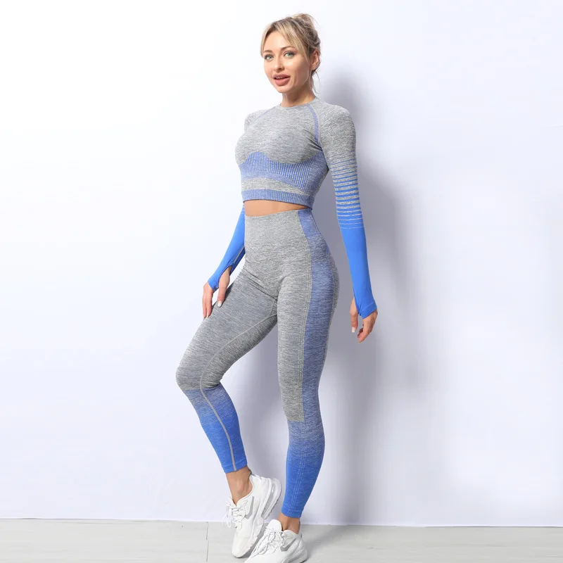 Women Gym Clothing Sports Wear Seamless Ombre Long Sleeve Yoga Set Legging Set High Waisted Fitnesss Suit Tight Work Out Suit
