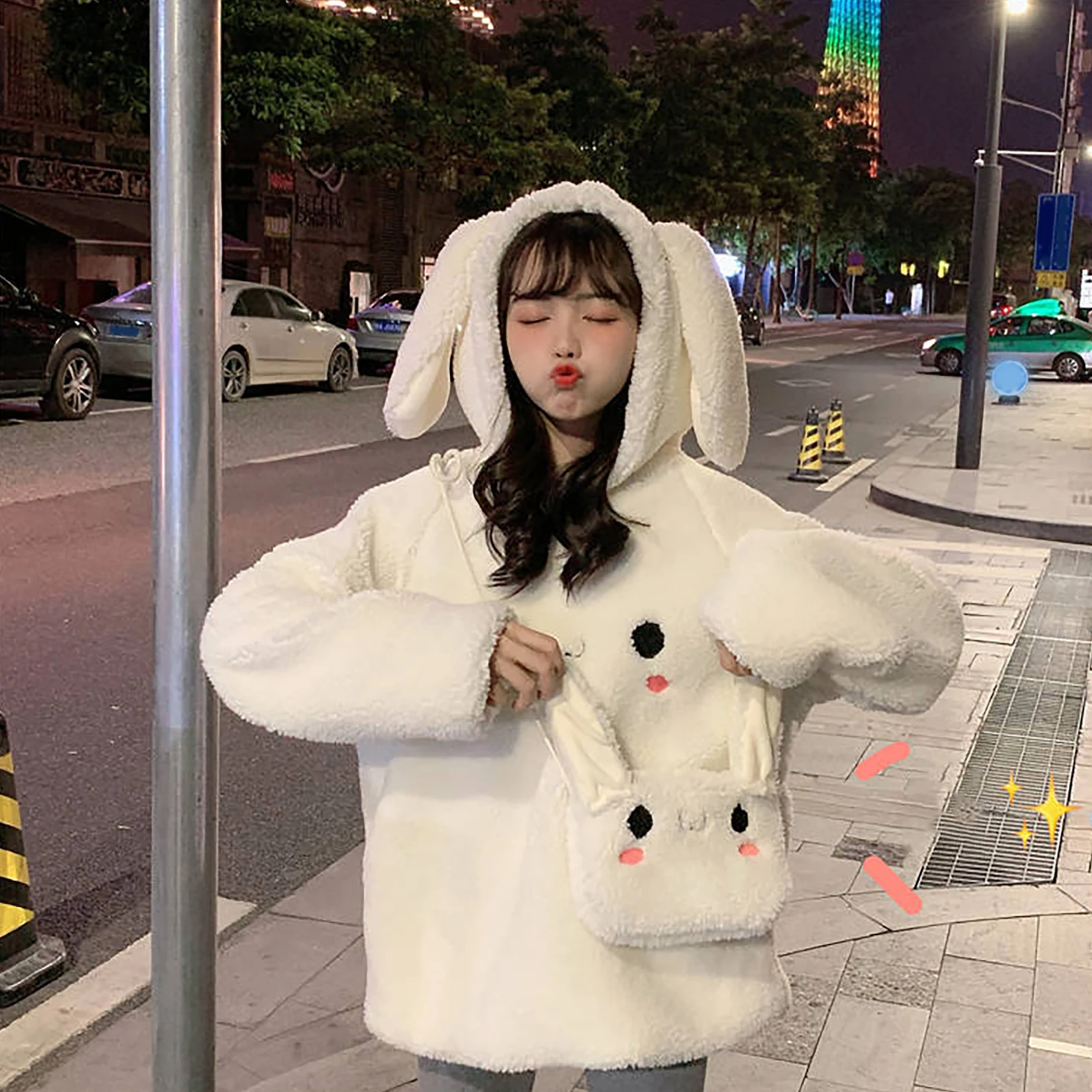 Women Autumn Winter Cute Ears Hoodie Faux Fleece Long Sleeve Sweatshirt with Bag