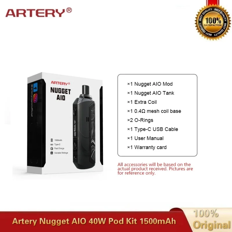 Оригинальный артерия Nugget AIO Vape Kit Макс 40 Вт 1500 мАч батарея с 2 мл бак и RBA катушки мод