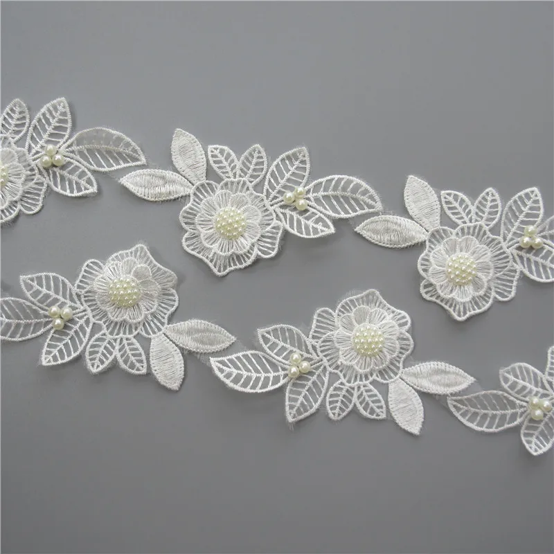10 шт. белый жемчуг с бисером цветок лист вышитая кружевная отделка лента