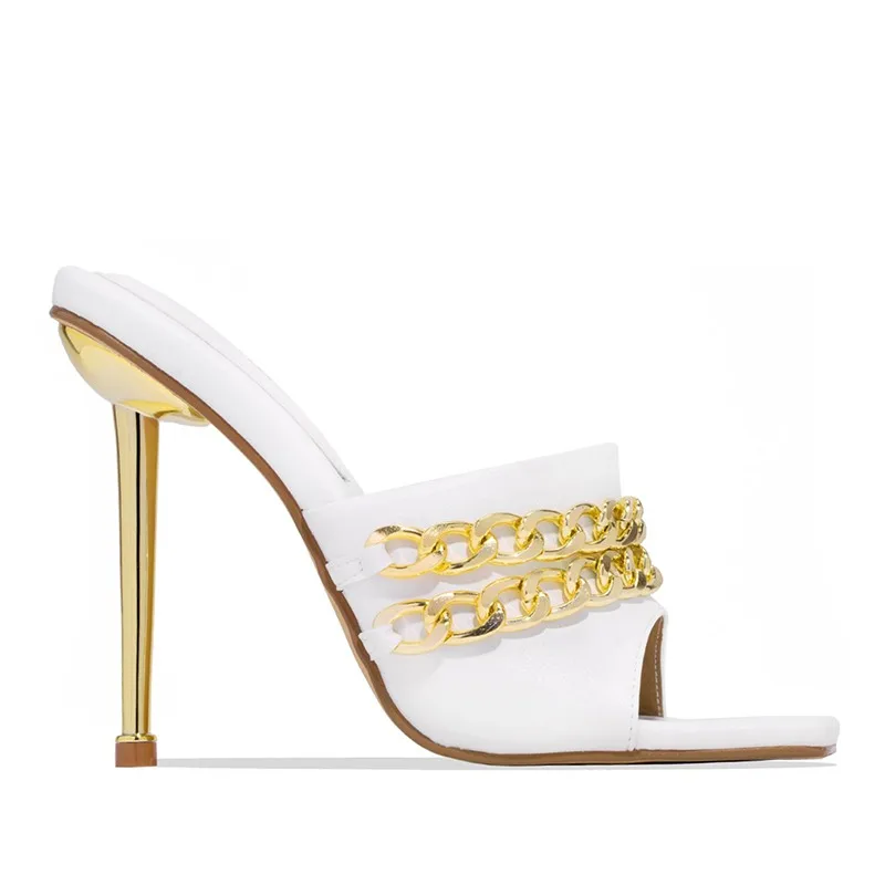 

Summer Women's Elegant Slippers Fashion New Metal Chain Decoration High Heels Mules Sandals Stiletto Square Toe Ladies Shoes