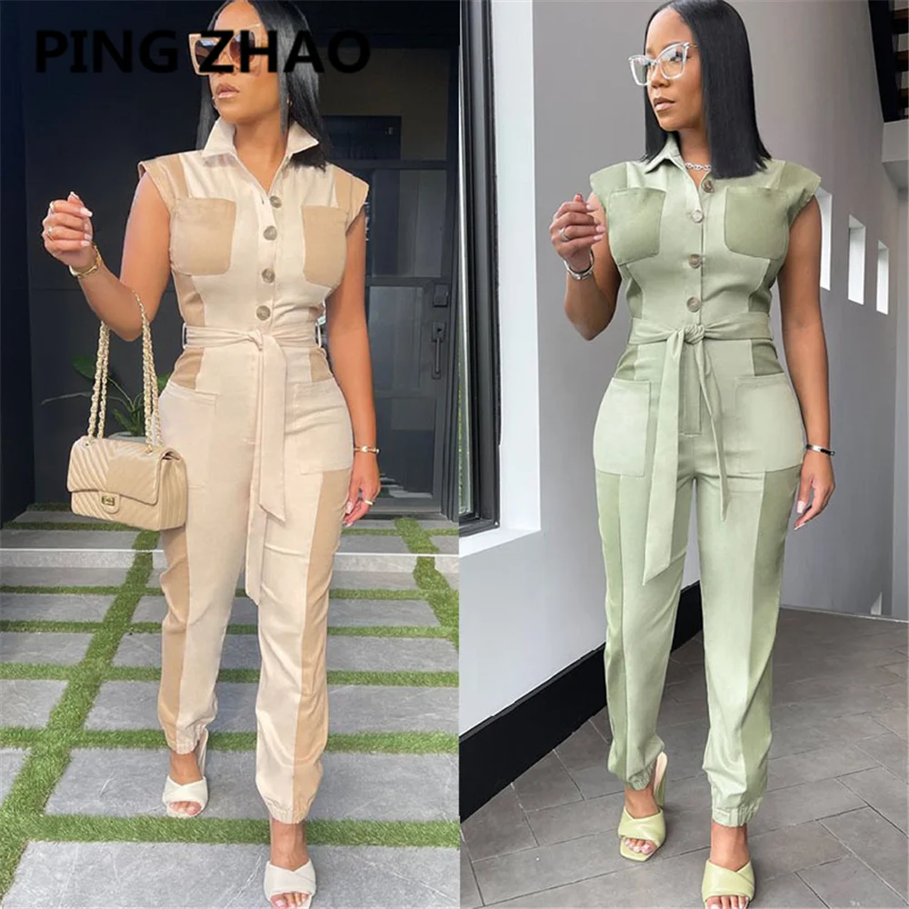 

PING ZHAO Autumn Fashion Turn-down Collar Long-sleeved Patchwork Casual Jumpsuit Workwear Overalls for Women Bodysuit