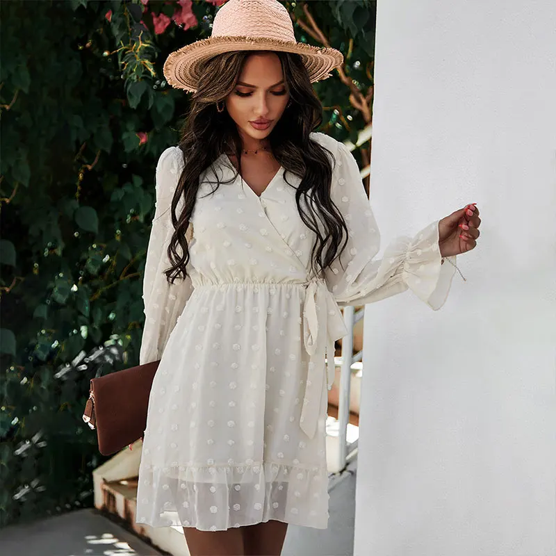 

KNOYEER Flare Long Sleeve Mini Dresses Women Vintage Voile Embroidery Autumn Dress Boho Beach V Neck Cotton Rayon Tunic Robe