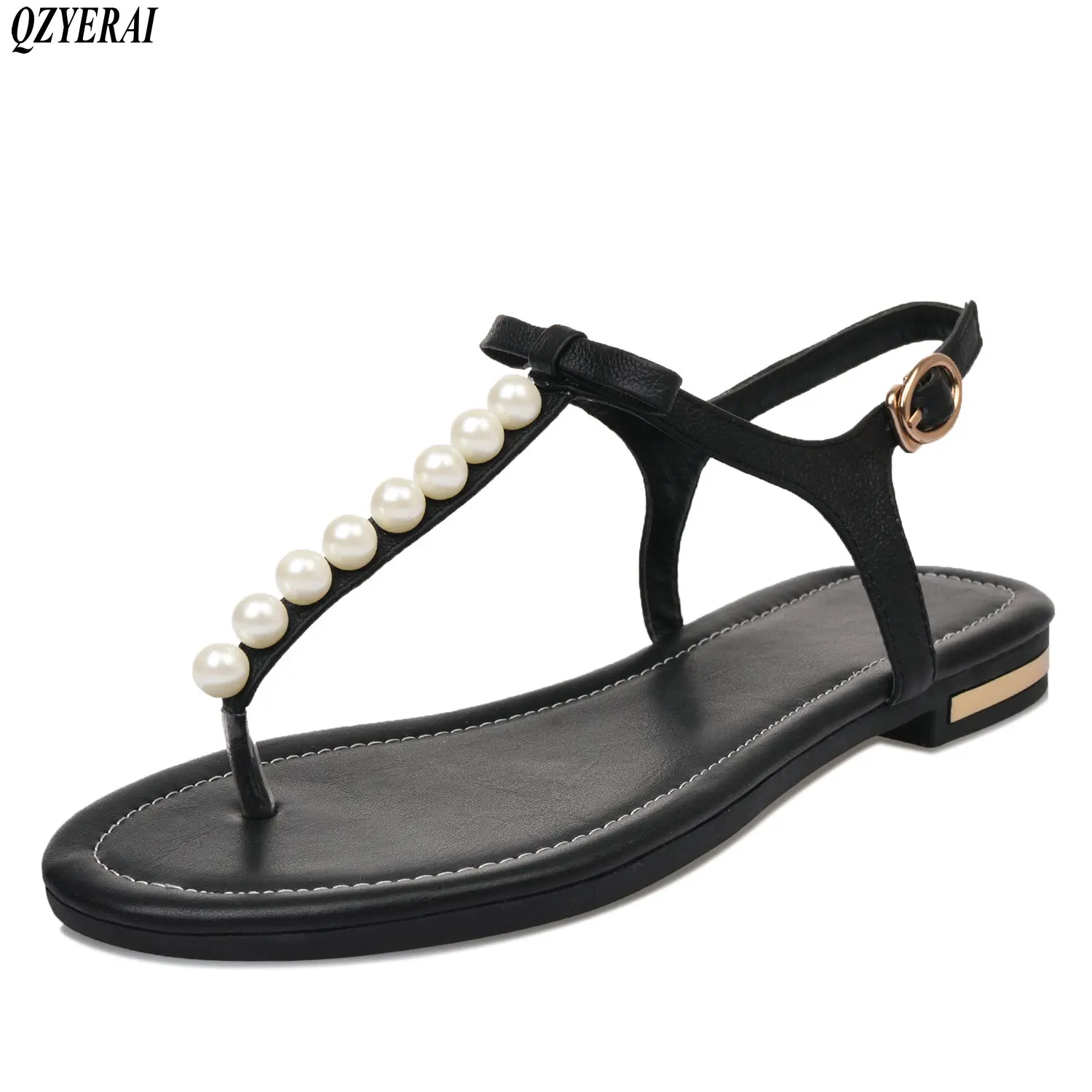 

QZYERAI New black white stylish women's flat sandals open-toe beaded sandals women's shoes casual shoes size34-46