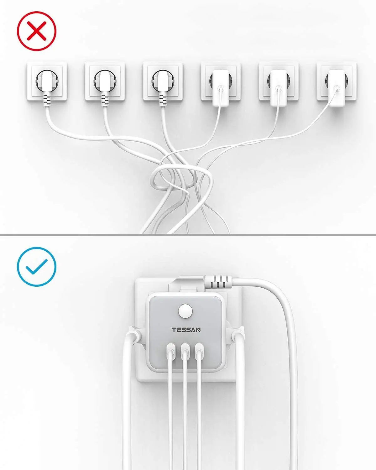 Сетевая розетка TESSAN ЕС удлинитель с 3 розетками переменного тока USB-порта защита