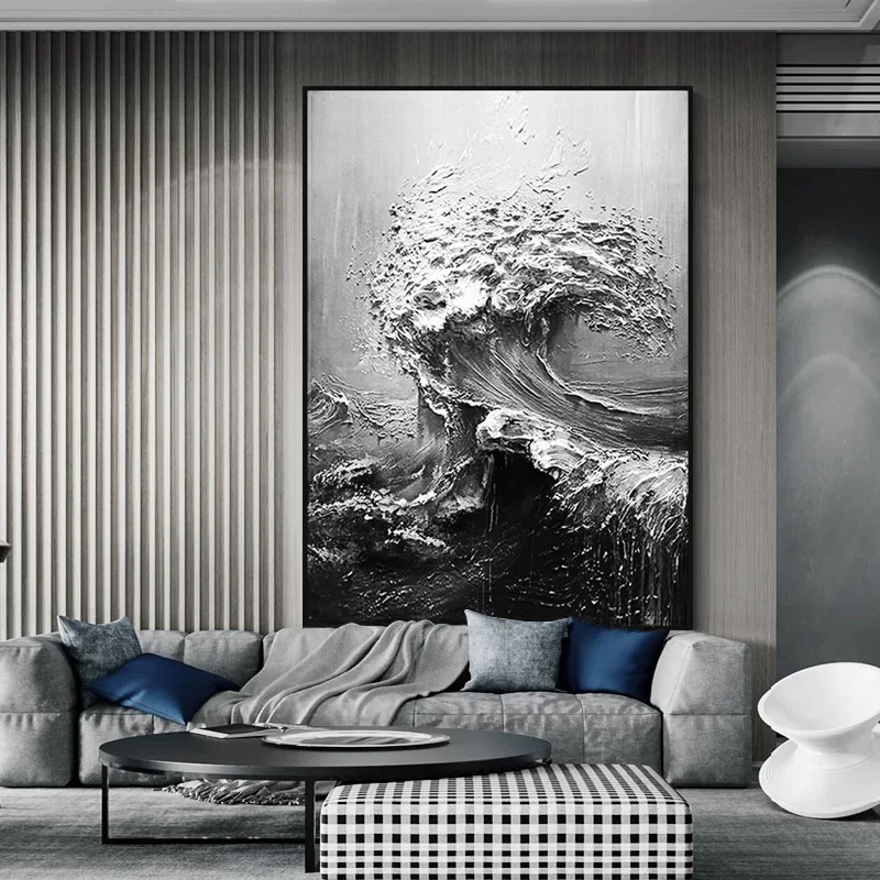 Ручная роспись абстрактная картина маслом черно белая морская волна Толстая