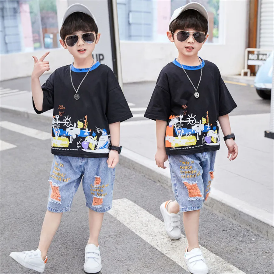 Children Clothing 2020 Summer Teen Boys Clothes Print 2pcs Outfit Suit Kids Tracksuit For Girl Sets 6 8 10 11 12 Year | Детская одежда