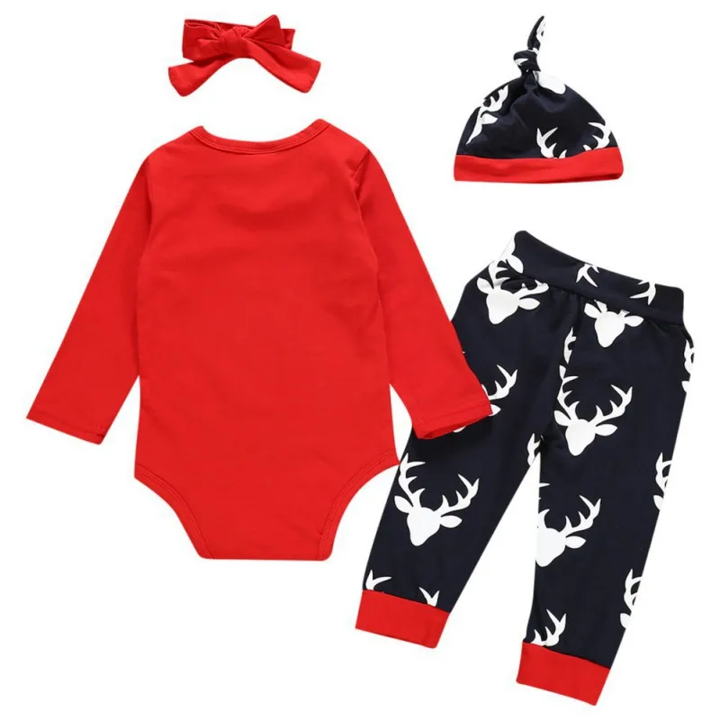 

2020 Autumn 4Pcs Baby Girl Boy Christmas Outfits Sets Infant Cotton Long Sleeve Letter Print Romper Trousers Headband Hats
