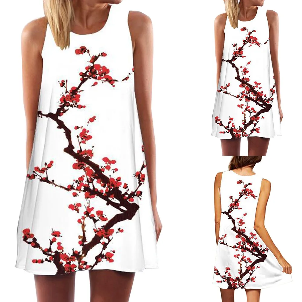 

AA-Women Fashion Plum Blossom Printed Crew Neck Sleeveless A-Line Mini Party Dress