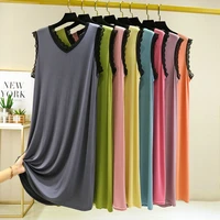 summer dress female korean v neck lace modal vest nightshirt mid length sleeveless nightdress loose homewear women nightgowns