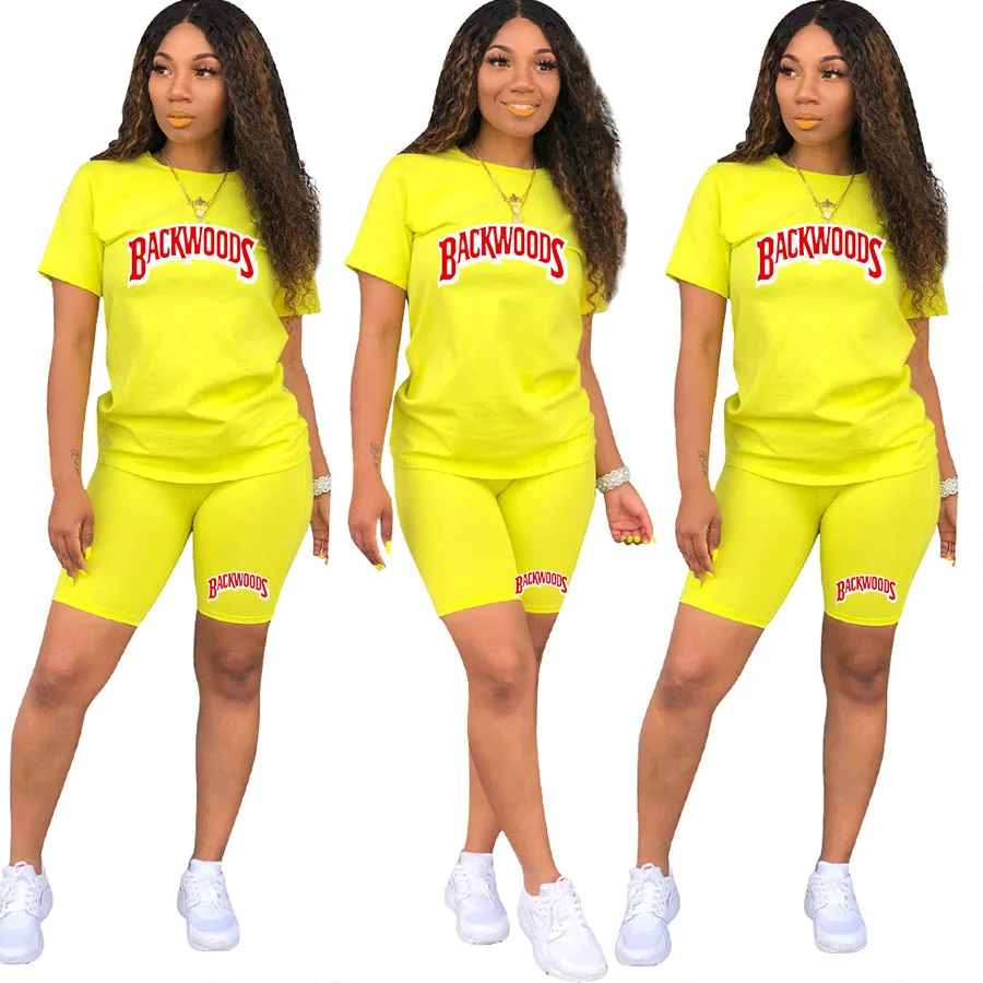 

Summer Woman Letter T Shirt Top And Biker Shorts 2 Piece Set Casual Sport Jogging Two Piec Outfits for Women