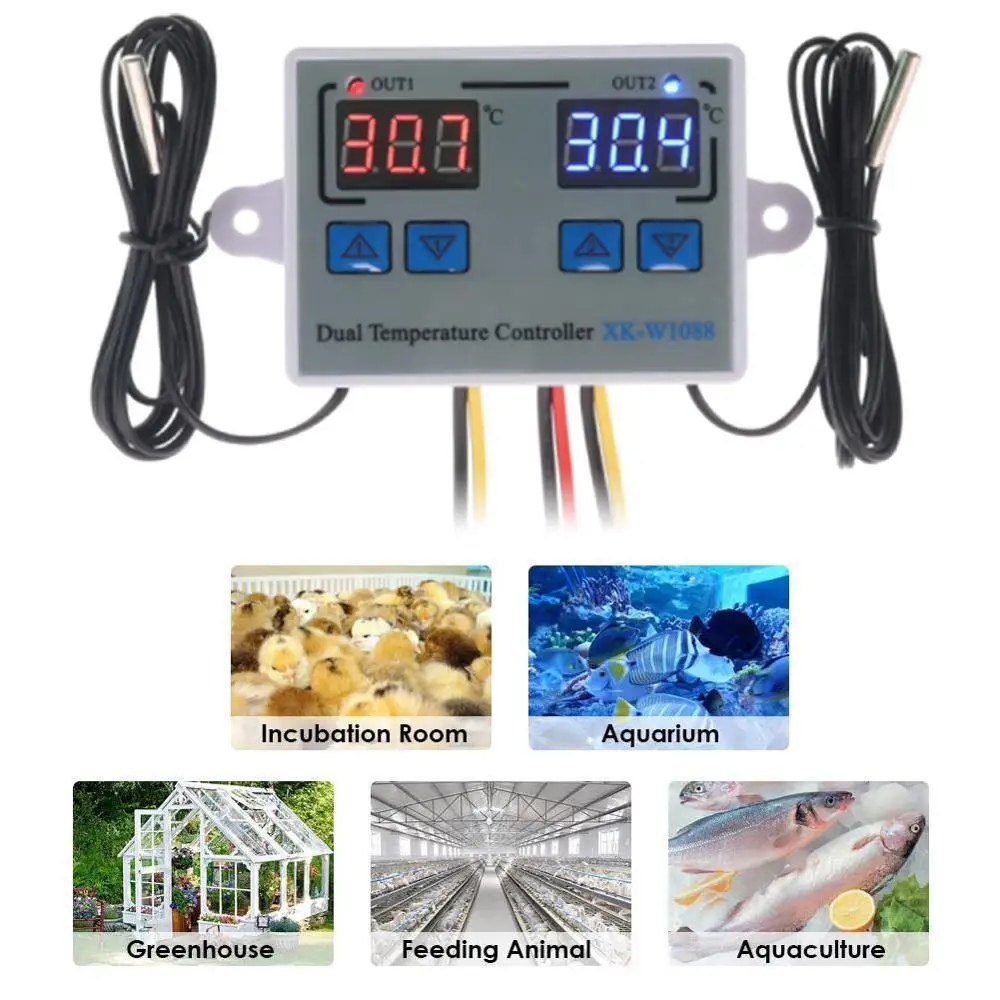 

XK-W1088 Dual Digital Temperature Controller Incubator 110V 12V 10A Control Heating Direct Output Switch 220V Thermostat Co M5H8