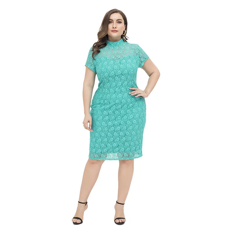 

Женское кружевное платье большого размера, светло-голубое элегантное облегающее платье-Ципао, трикотажное платье средней длины на лето