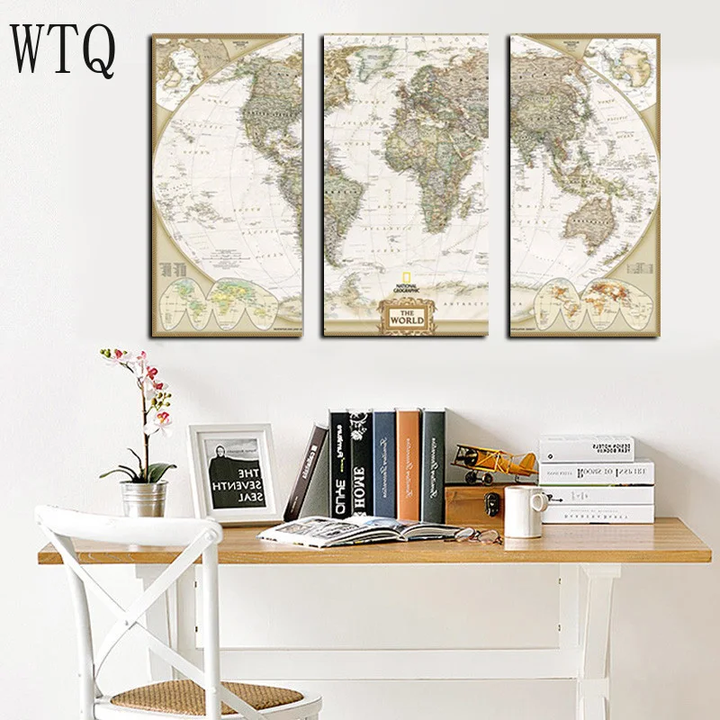 3 Панели больших размеров модульные настенные картины Карта мира живопись на