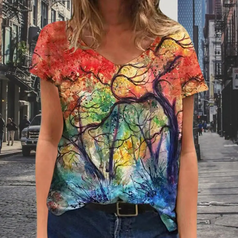 

Women Dazzling Printing T-shirt V-neck Short-sleeved Color Printed Stretch Tops Summer Casual 2021 Spring Summer Breath Comfort
