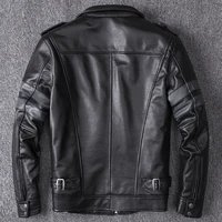 Mens Genuine Leather Jackets Black Cow Leather Jacket Multi Pockets Motorycycle Leather Coat for Male