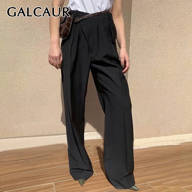 

GALCAUR Straight Full Length Pant For Women High Waist Lace Up Ruched Loose Minimalism Trousers Female 2020 Autumn New Clothing