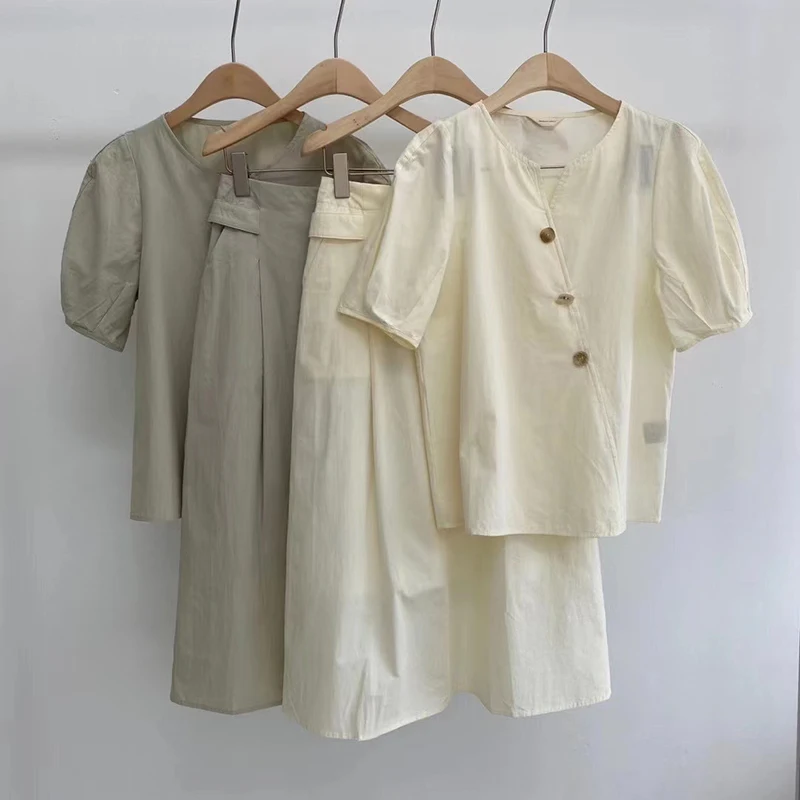 

GALCAUR Casual Two Piece Set For Women V Neck Puff Short Sleeve Button T Shirts High Waist Loose Mid Skirts Solid Sets Females