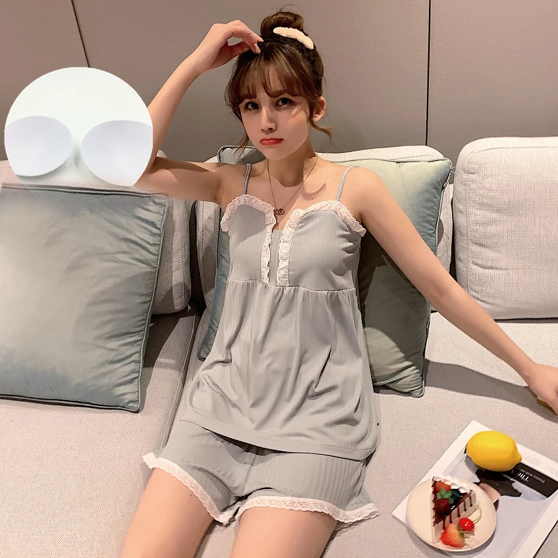 Комплект хлопковой пижамы из двух предметов сексуальный кружевной топ и шорты