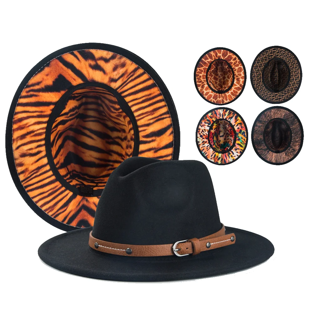 

Fedora hat men women color pattern leather buckle accessories felt hat autumn winter fashion personality big eaves Men warm hat