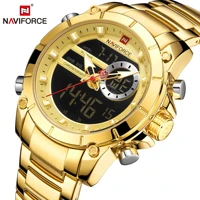 naviforce men military sport wristwatch gold quartz stainless steel waterproof dual display male clock watches relogio masculino
