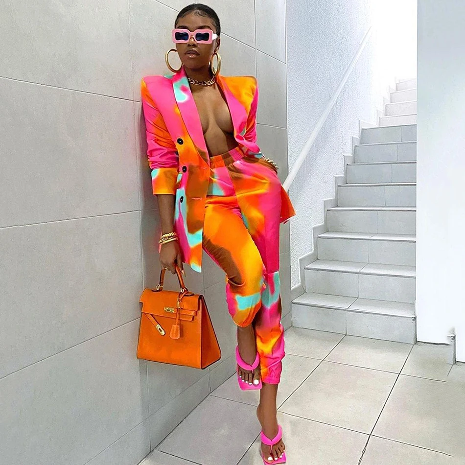 

Женский элегантный костюм из двух предметов, блейзер с цветным принтом и брюки с высокой талией, подиумная одежда для вечеринки, осень 2021