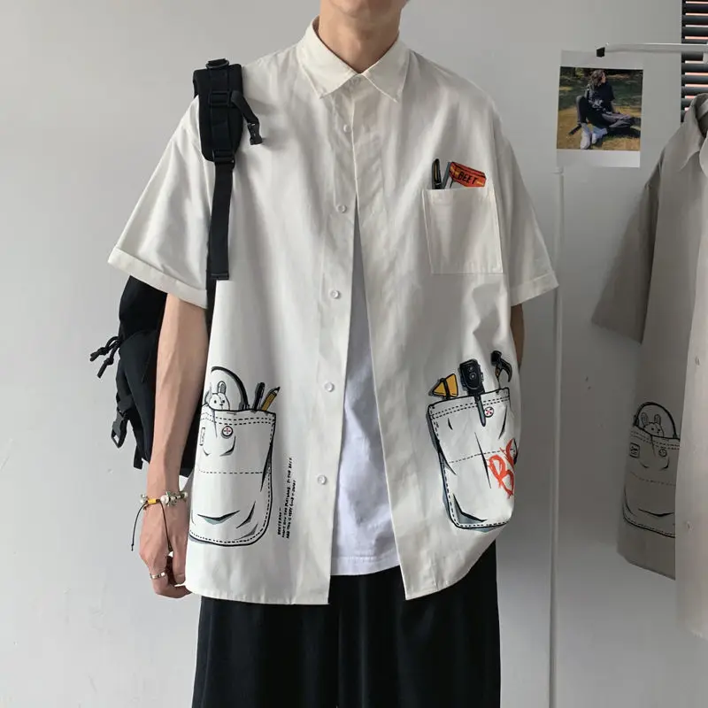 

Мужская тонкая рубашка с коротким рукавом, свободная рубашка в гонконгском стиле с принтом граффити, модель DK на лето, 2021