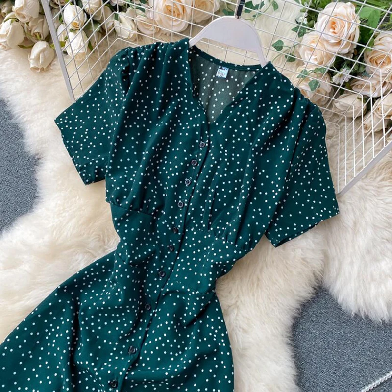 

Vintage Polka dot print Chiffon Dress Women 2021 Sexy Summer V-neck Single-breasted Short sleeve Dresses Casual Vestidos Mujer