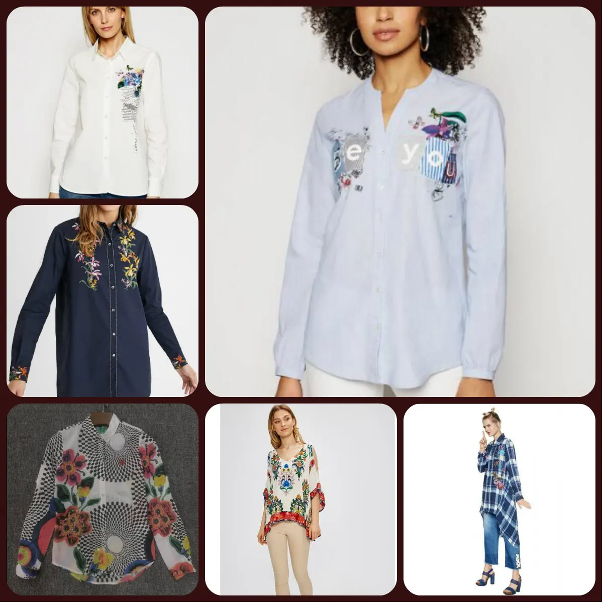 

2021 new Spanish desigual girls patch sequins embroidery print V-neck striped blouse slim slim fashion personality printed top